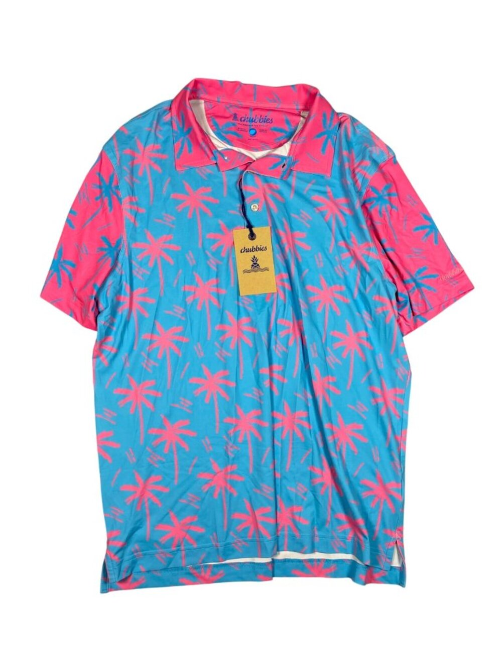 Chubbies Mens Tropical Palm Tree Polo Shirt Blue Pink M Lightweight Stretchy NEW